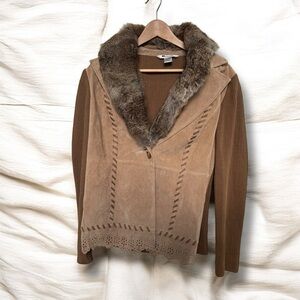 Vintage Brown Suede Jacket with Rabbit Fur Collar western prairie L